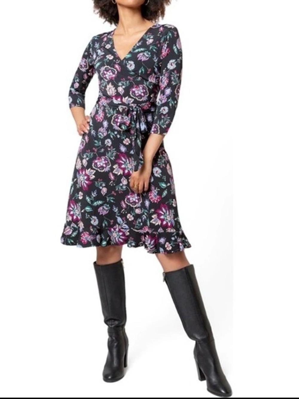 Leota Dress Libby 3/4 Sleeve Floral Print Ruffle Hem Faux Wrap Medium Stretch